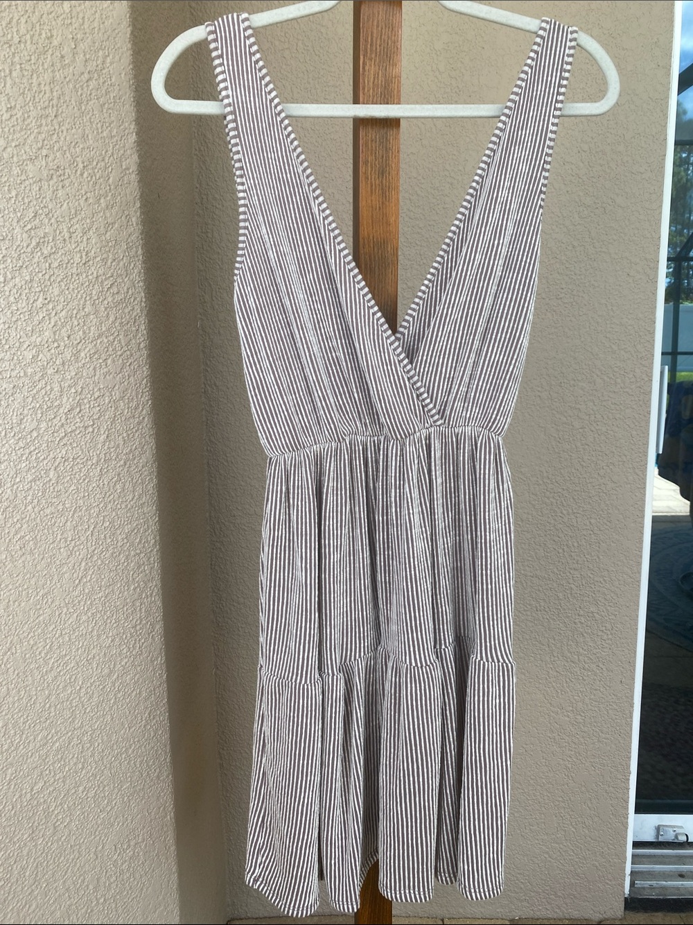 Caution To The Wind Brown and White Striped V-Neck Mini Dress